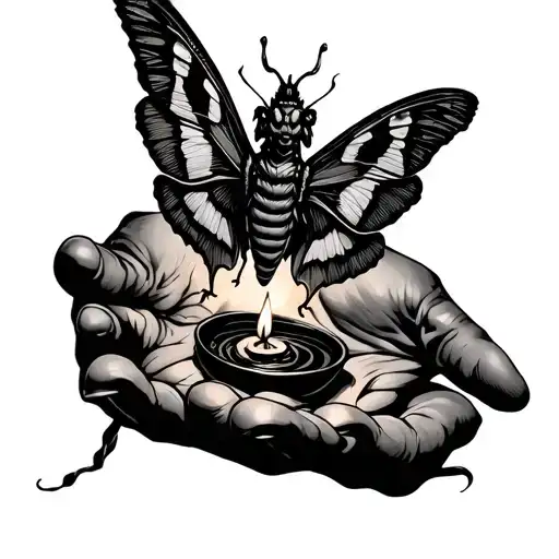 One Badass Moth Spread Wings Behind A Open Palm With Candle Burning Sitting In The Open Palm