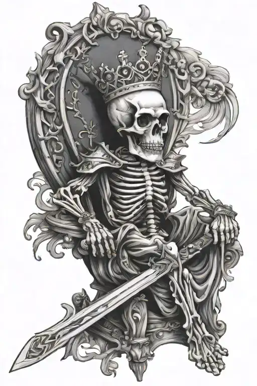 Tattoo Of A Skeleton King With A Crown Sitting In A Throne Holding A Sword With Both Hands