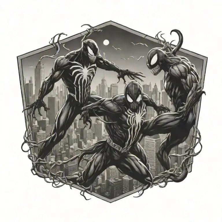 Venom And Spiderman Fighting In New York Skyline