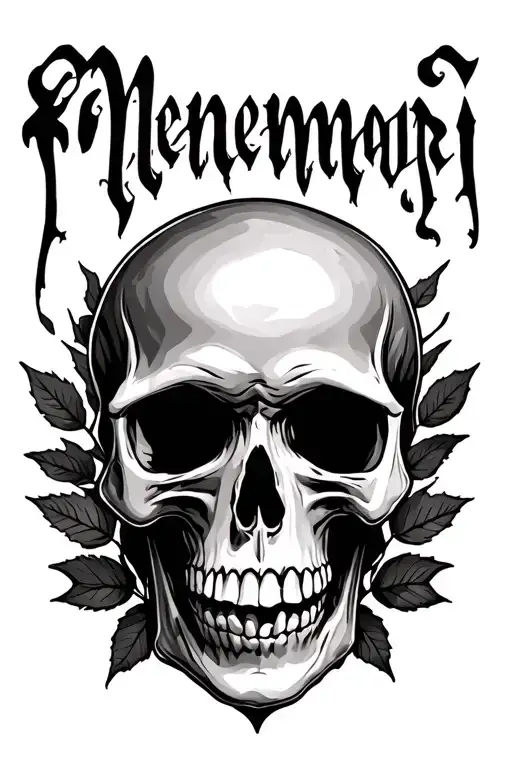 Skull Cursive Memento Mori Text With Leaves Around It