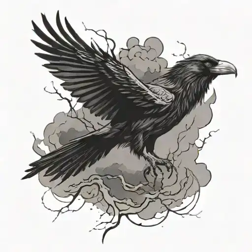 A Raven Flying Through A Storm With Lightning Bolts