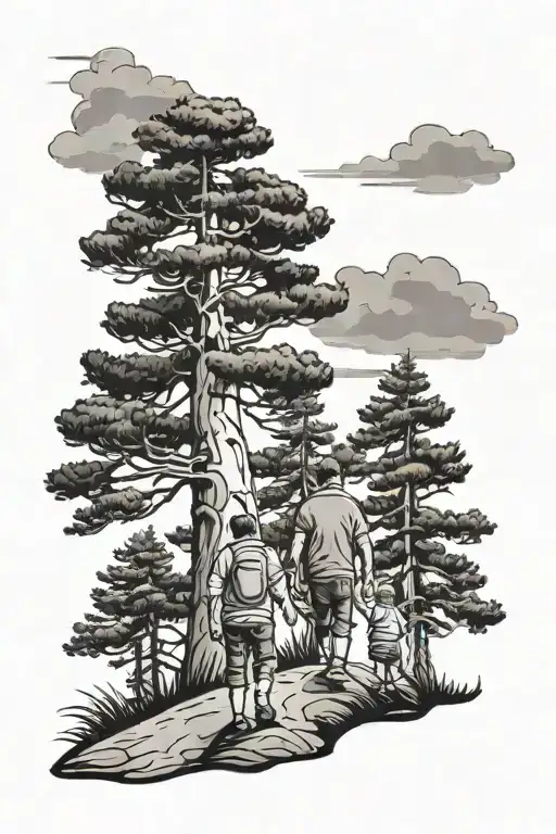 Large Pine Tree Forest With A Dad Walking Away Holding His Three Year Old Boy And Girl Twins Hands
