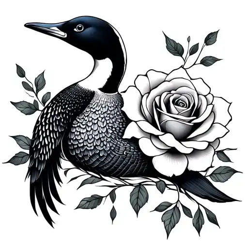 Abstract Line Art Ukrainian Loon Tattoo With Rose