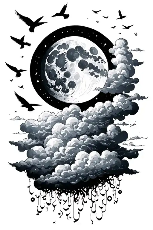 Moon Covered By Clouds With Birds Flying And Xo Till We Overdose