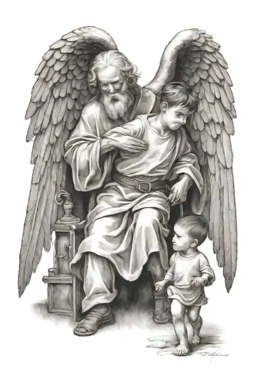 Saint Samuel With Wings While Little Boy Walking Looking Up At Him