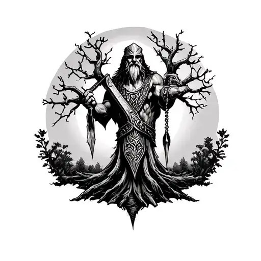 Norse Whole Arm Sleeve Tattoo Depecting Odin Hanging From Tree