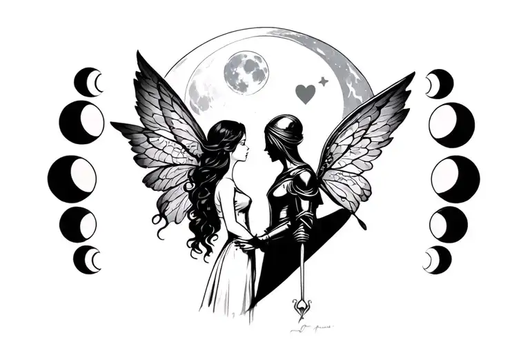 Fairy Woman In Love With Knight Angel In Front Of Moon Phases