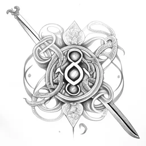 Sword With 2 Snakes Intertwined With Leaves And Daisy's