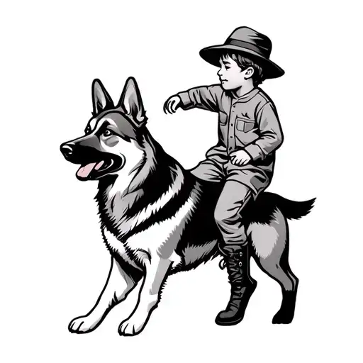 A Boy In Pajamas And Boots And A Hat Riding A German Shepherd Dog