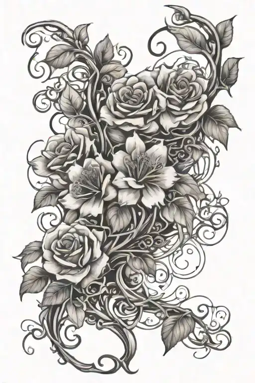 Floral Vine With Sakura Flowers Intertwined With Roses