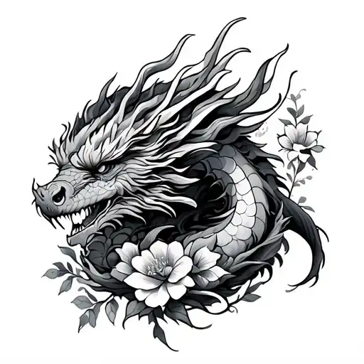 Dragon Wrapped In Flowers Blooming