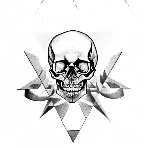 A Black And Grey Tattoo Of A Skull Fused With Geometric Shapes
