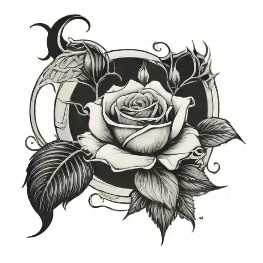 A Rose In Full Bloom With Vines Wrapped Around A Crescent Moon