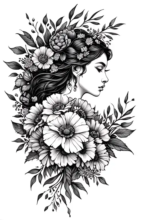 Haitian Flowe Bouquet Fine Line Goddess Surrounded