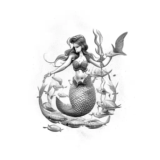Arm Sleeve Tattoo Of A Mermaid Leading An Army Of Sealife