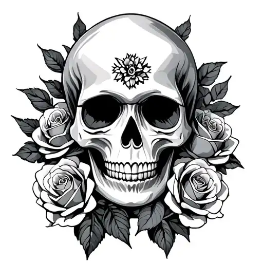 Candy Skull Surrounded By Roses Blooming
