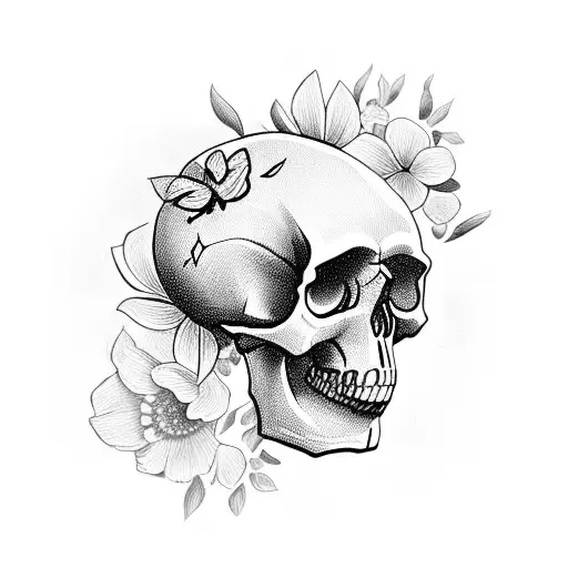 Skull With Flowers And Butterflies
