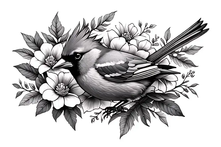 Floral Wrap Tattoo Featuring Cardinal Bird