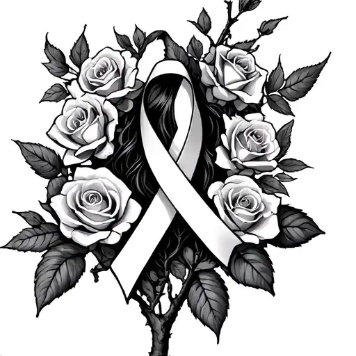 Robbin On Branch Surrounded By Roses With Cancer Ribbon On The Branch