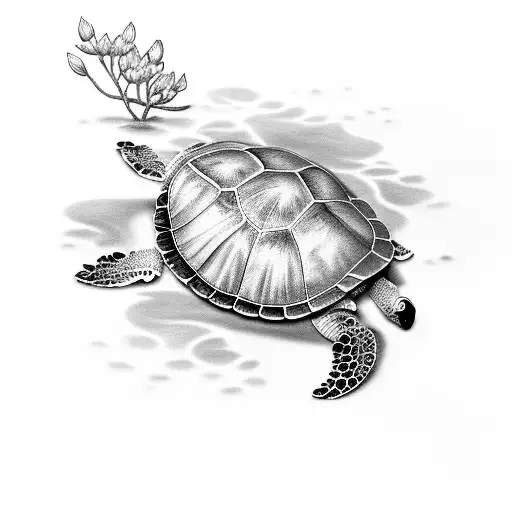 A Black And Grey Sea Turtle Emerging From A Bed Of Lilies Of The Valley