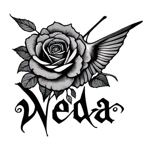 The Word Weda In Old English Print By Roses A Hummingbird