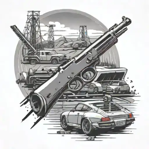 A Detailed Black And Grey Tattoo Of A Shooting Range With A Porsche Parked Nearby