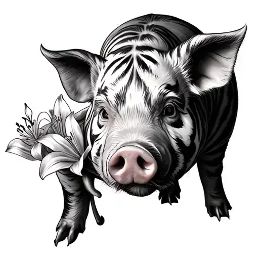 Realism Pig Portrait With Tiger Lillies