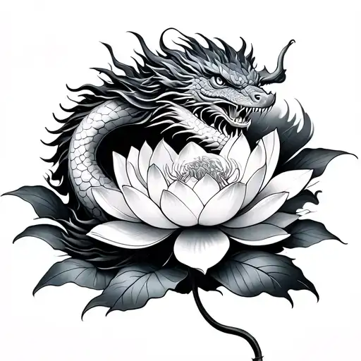 Full Dragon Wrapped In Flowers Blooming Lotus Flower