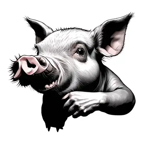 Pig Portrait Holding Arm In Mouth