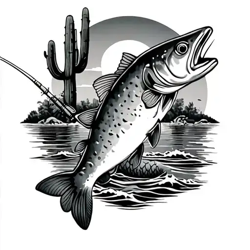 Fishing Tattoo With Trout And Salmon And Cactuses And Desert And Waves