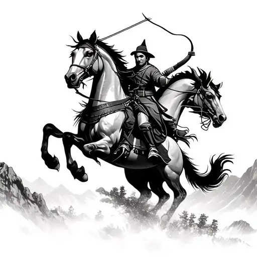 Mongolian Horse Riding Soldier Holding A Bow And Fighting With Flying Dragon On The Mountains