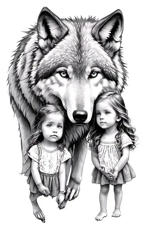 Wolf Protecting Two Little Girls