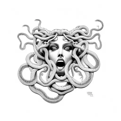 A Black And Grey Portrait Of The Medusa With Snakes For Hair