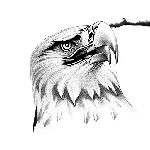 A Bold Eagle Perched On A Tree Branch With Black-grey Shading And Microrealism Details