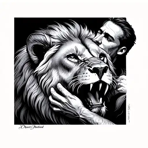Man Petting Lion Roaring