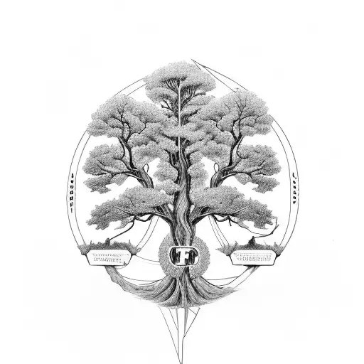 A Black-grey Tattoo Of A Family Tree With Engineering Symbols As Branches