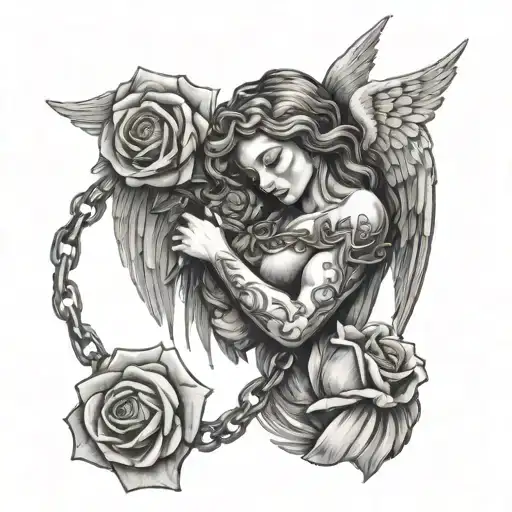 A Crying Angel Holding A Rose Entwined In A Chain