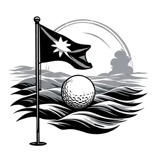 Golf Flag With Waves And Sun As A Golf Ball In Background