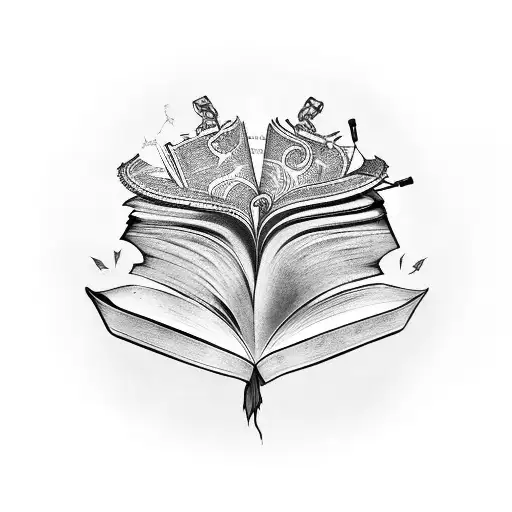 A Tattoo Of An Open Book With Musical Instruments Emerging From Its Pages