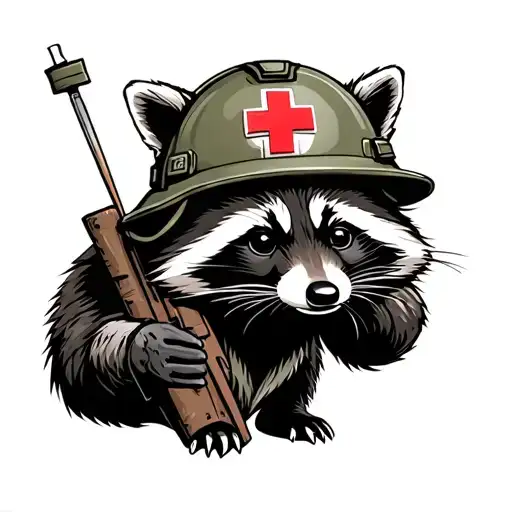 Raccoon In The Military Holding Needles While Wearing A Red Cross Helmet
