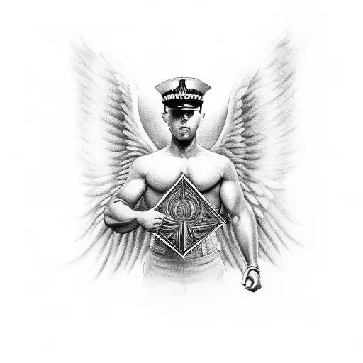 A Black And Grey Tattoo Depicting A Police Officer With Angel Wings Surrounded By Elements Of Nature