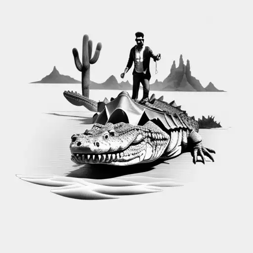 A Salesman Riding A Crocodile Through A Desert Landscape With Water