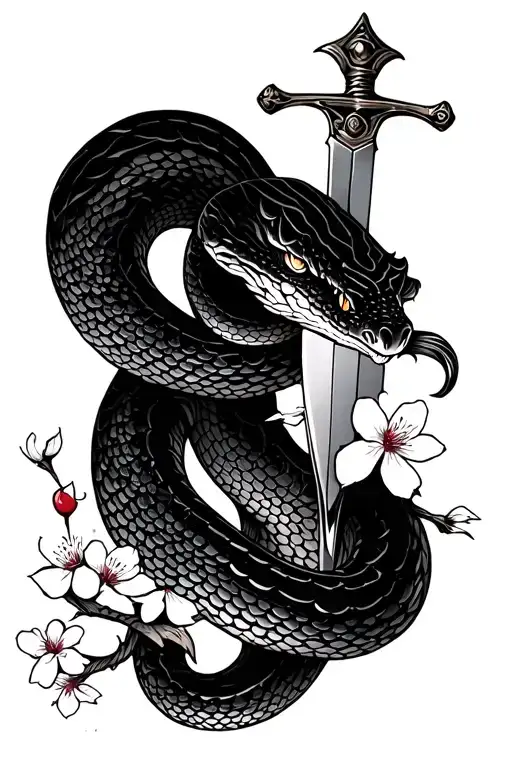 Snake Holding A Sword In Its Mouth With Cherry Blossoms Around It