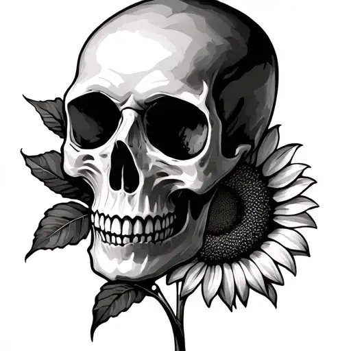 Realistic Skull With No Jaw Bone And A Sunflower Behind It