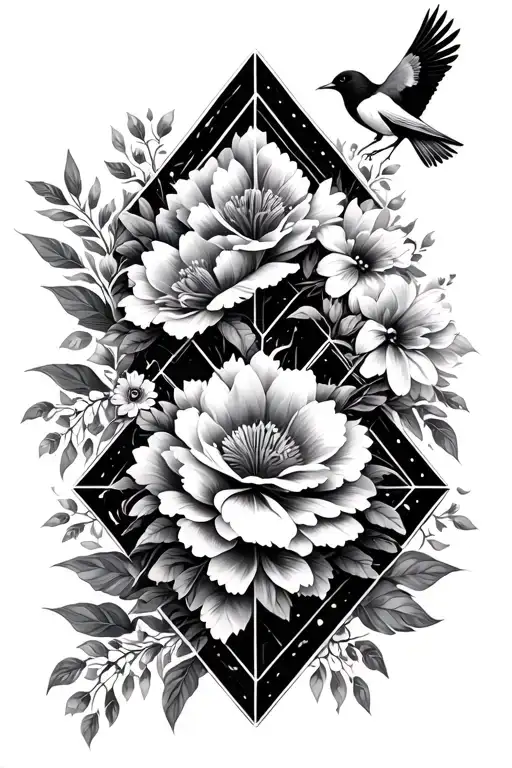 A Black And White Geometric Design Incorporating Flowers And Birds