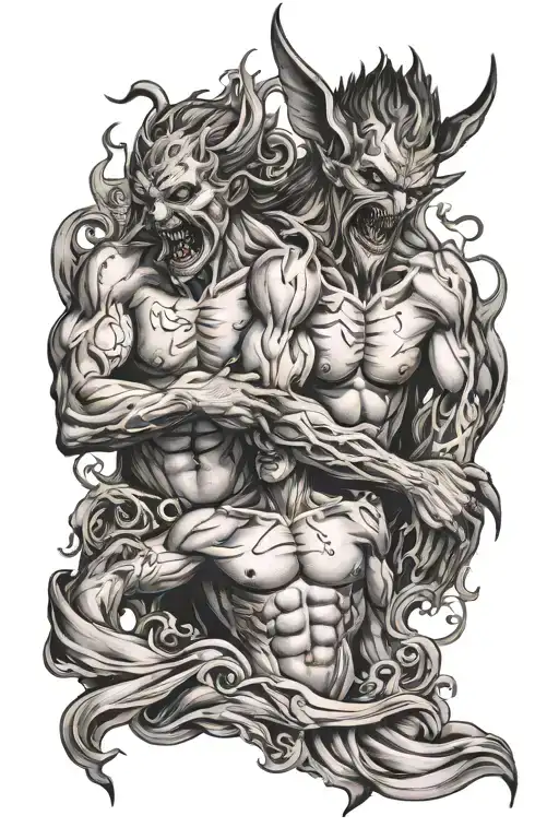 Men's Chest Tattoo Battle Between Good And Evil Between Angles And Demons With Skin Rips