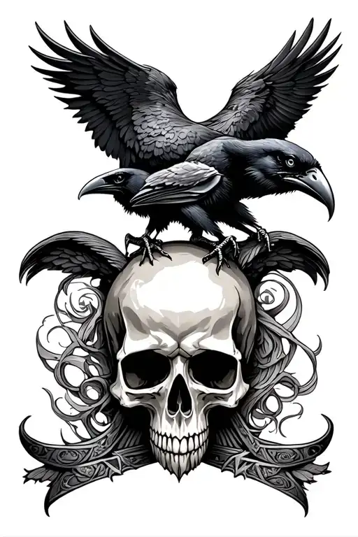 Norse Skull With Ravens Huginn And Muninn