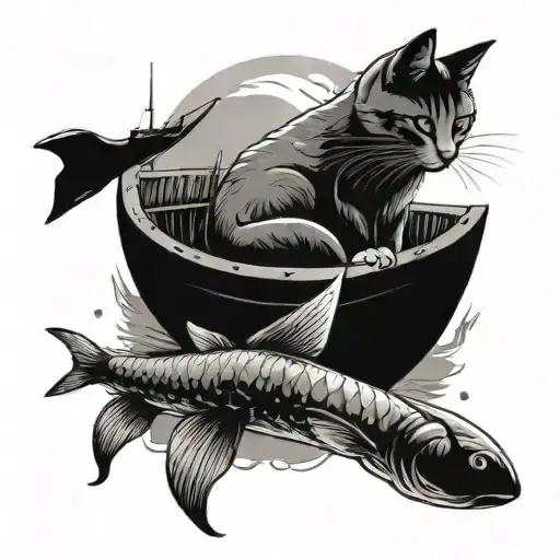 A Serene Cat Sitting On A Fishing Boat Surrounded By Fish