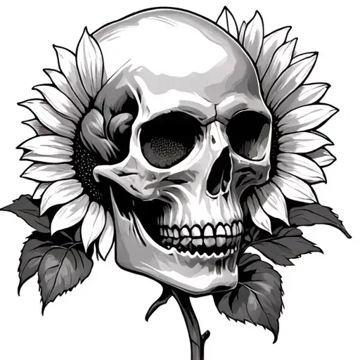 Realistic Skull With No Jaw Bone And A Sunflower Behind It