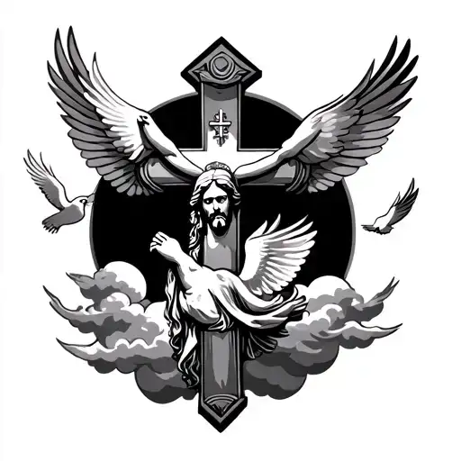 Jesus Cross And Dove Flying Clouds Surrounding